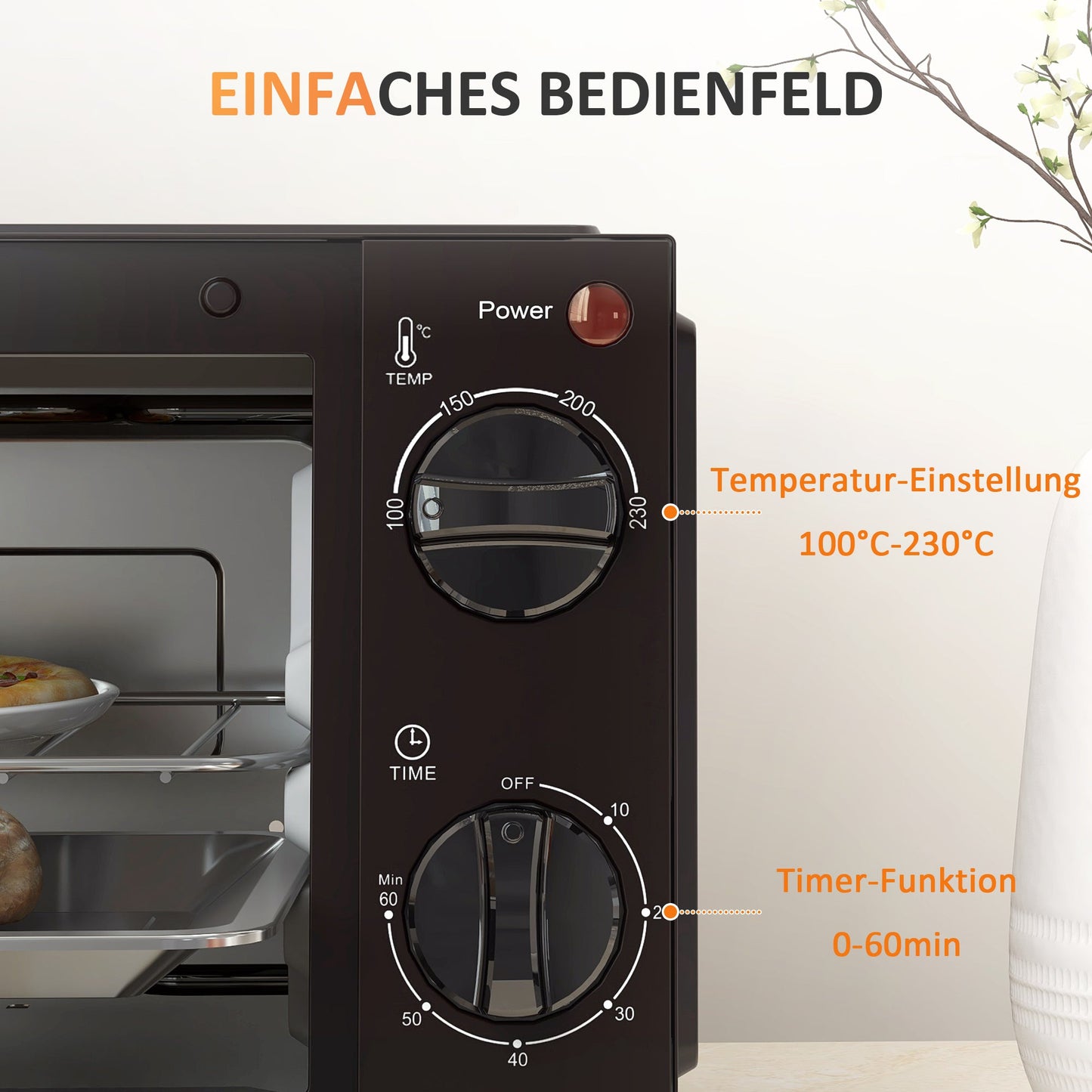 HOMCOM Mini-Backofen, 9 Liter Fassungsvermögen, Einstellbare Temperatur und Garzeit, mit Grillrost und Backblech, Schwarz