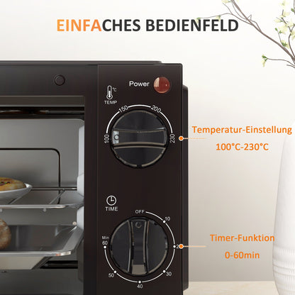HOMCOM Mini-Backofen, 9 Liter Fassungsvermögen, Einstellbare Temperatur und Garzeit, mit Grillrost und Backblech, Schwarz