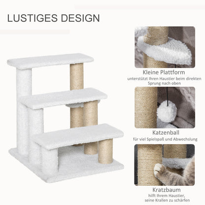 PawHut Katzentreppe 3-stufige Haustiertreppe mit Kratzsäulen Ball Hundetreppe Tiertreppe für Katzen bis 5 kg Plüsch Jute Weiß 45 x 40 x 48 cm