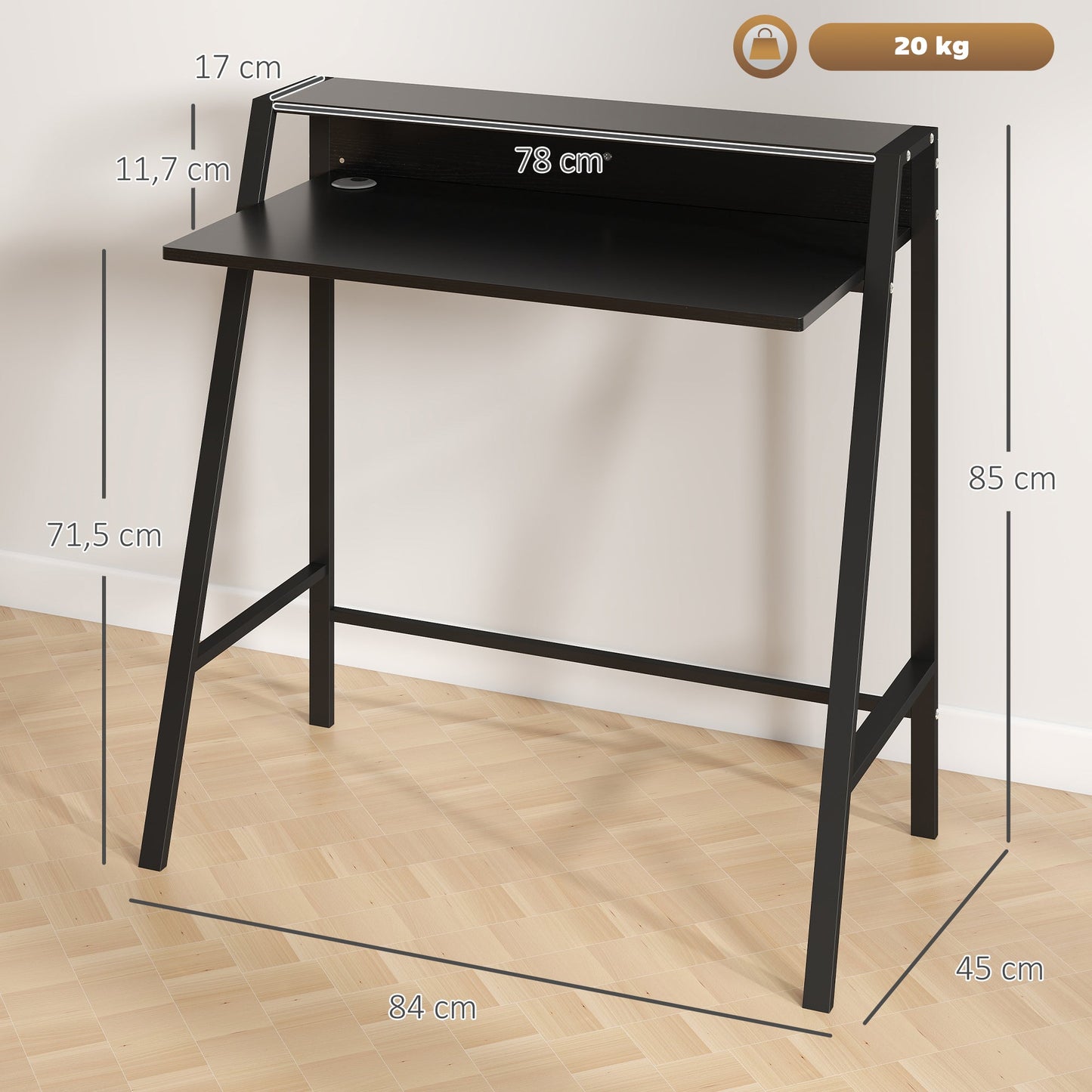 HOMCOM Schreibtisch, Computertisch mit Ablage und Kabel Management, moderner Schreibtisch mit Metallgestell für Arbeitszimmer, Schlafzimmer, Home Office, 84 x 45 x 85 cm, Schwarz
