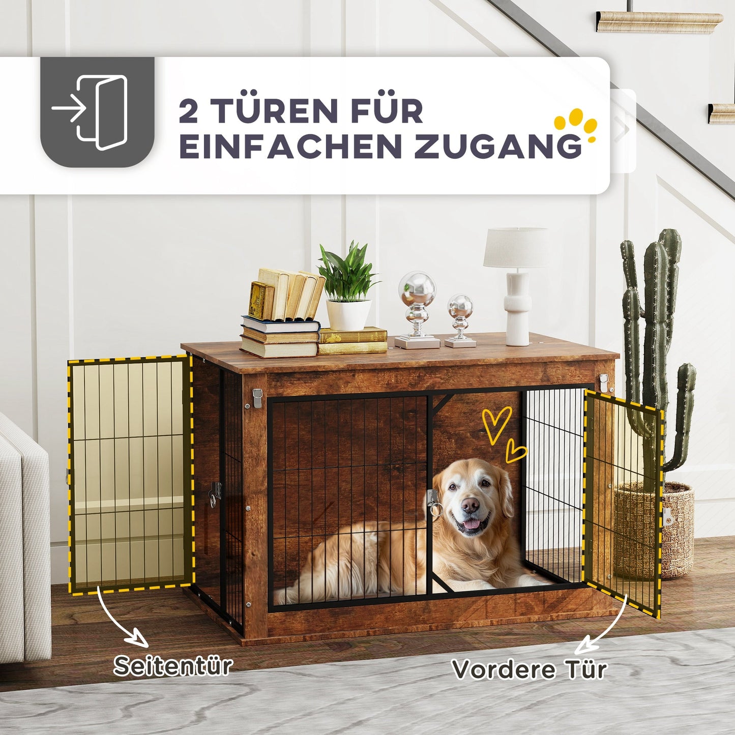 PawHut Hundebox, Transportbox für Hunde, Aufenthaltsbox, für Haustiere, 2 verschließbare Türen, 98 x 60 x 65,5 cm, Braun