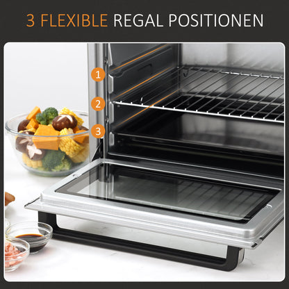 HOMCOM Mini Backofen 32L 100 °C-230 °C 1600 W Mini Ofen mit Backblech Krümelblech Grillrost und 3 Kochmodi Pizzaofen mit Timer Backblech-Griff Edelstahl Silber