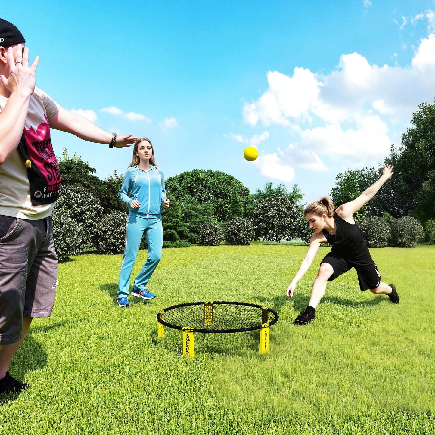 SPORTNOW Roundnet Set Spieleset mit Spielnetz 3 Bällen Tragetasche Ballpumpe Spikeball Set Ø92 x 20 cm Gelb