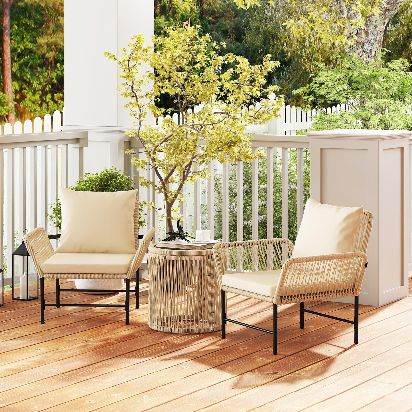 Outsunny Polyrattan Gartenmöbel Set, Outdoor Balkonmöbel für 2 Personen, 3-teilig mit 2 Stühle, Beistelltisch Sitzkissen