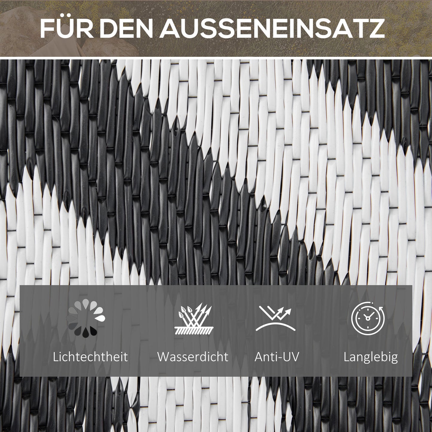 Outsunny Outdoor-Teppich, beidseitig nutzbar, strapazierfähig, Rand gegen Ausfransen, schwarz+weiß, 152 x 243 cm