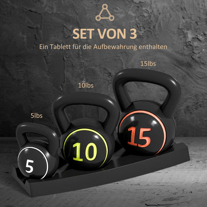 SPORTNOW Kettlebell Set, 3 Kugelhanteln 2,2kg/4,5kg/6,8kg, Kunststoffhülle, Schwarz