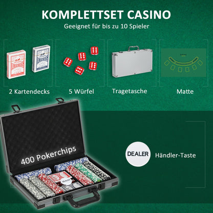 SPORTNOW Poker-Set, Pokerkoffer, 400 Chips, 2 Kartendecks, 5 Würfel, Dealer-Scheibe, Unterlage