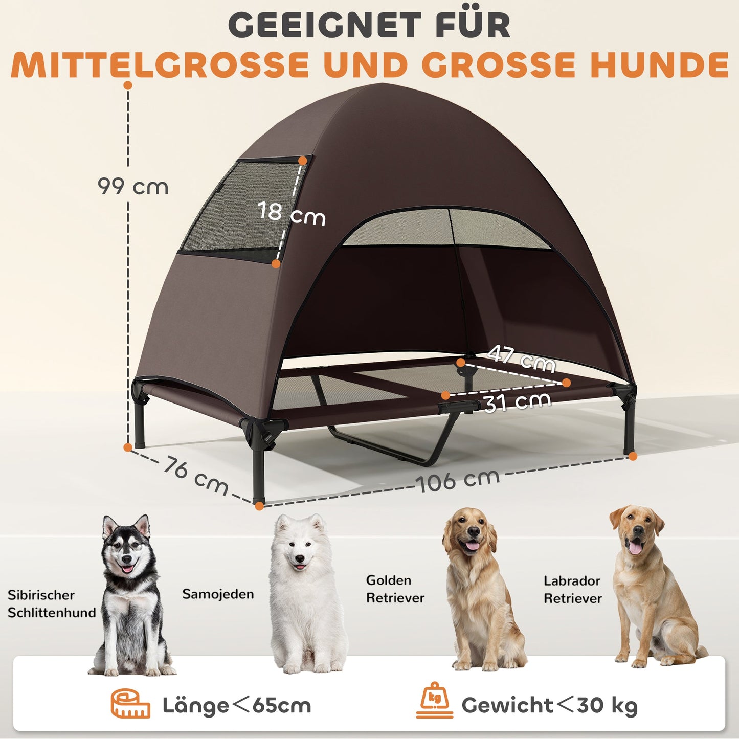 PawHut Hundeliege Outdoor mit Dach, Erhöhtes Hundebett für Große Hunde, 106 x 76 x 99 cm, Kaffee