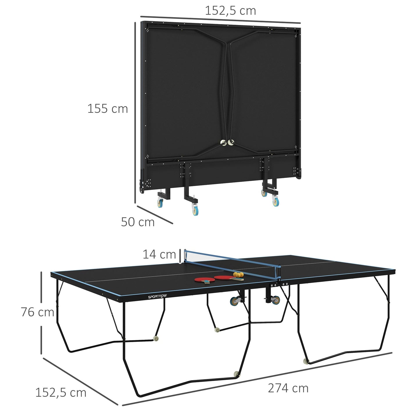 SPORTNOW Tischtennisplatte, klappbar, 8 Räder, pulverbeschichteter Stahlrahmen, MDF, 274 x 152,5 x 76 cm, Schwarz