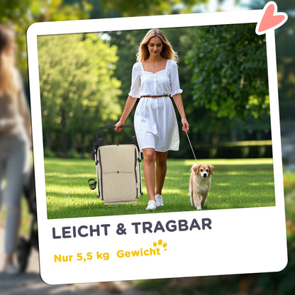 PawHut Hundewagen, Leichter und faltbarer Transportwagen für kleine Hunde, waschbares Kissen, Netzfenster, Khaki