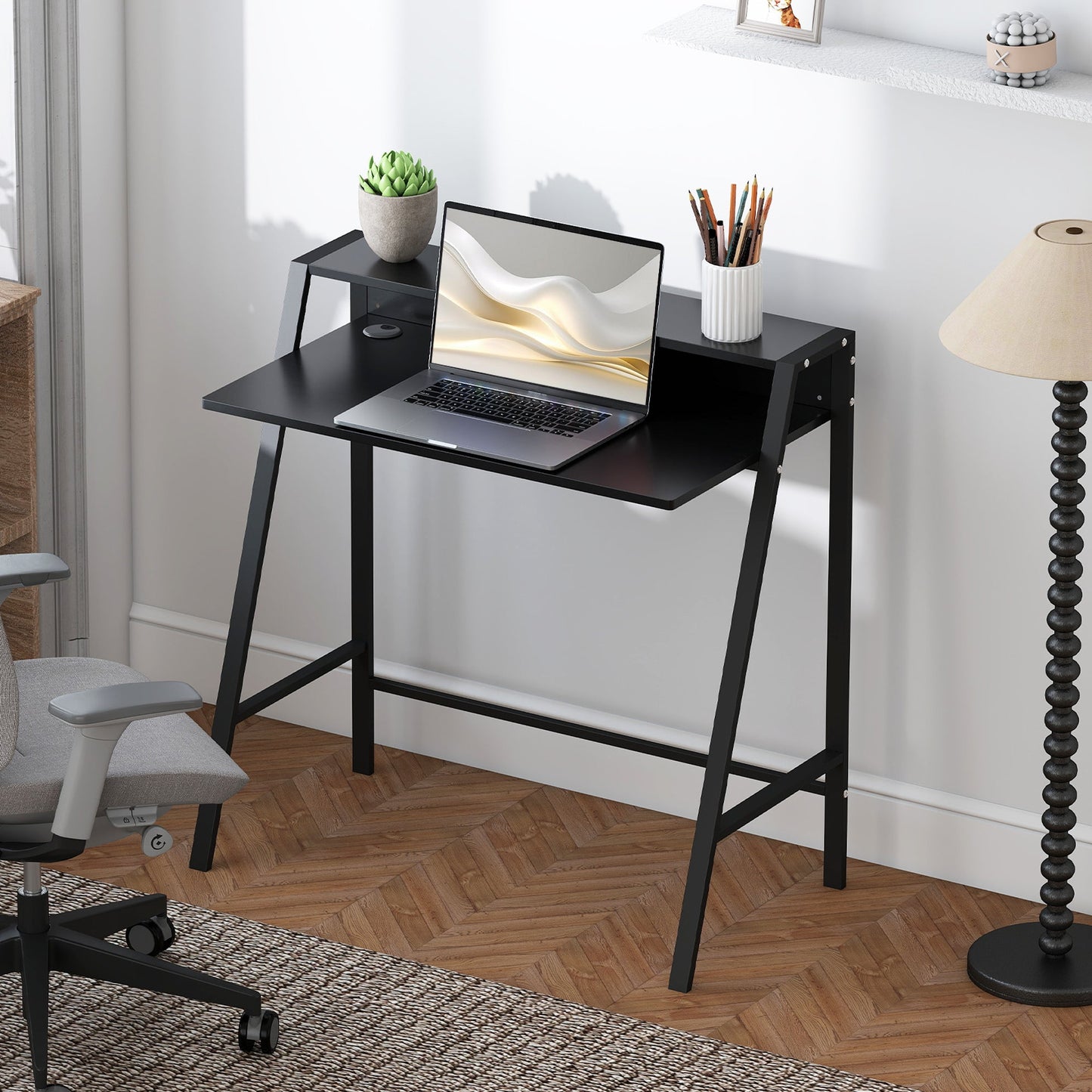 HOMCOM Schreibtisch, Computertisch mit Ablage und Kabel Management, moderner Schreibtisch mit Metallgestell für Arbeitszimmer, Schlafzimmer, Home Office, 84 x 45 x 85 cm, Schwarz