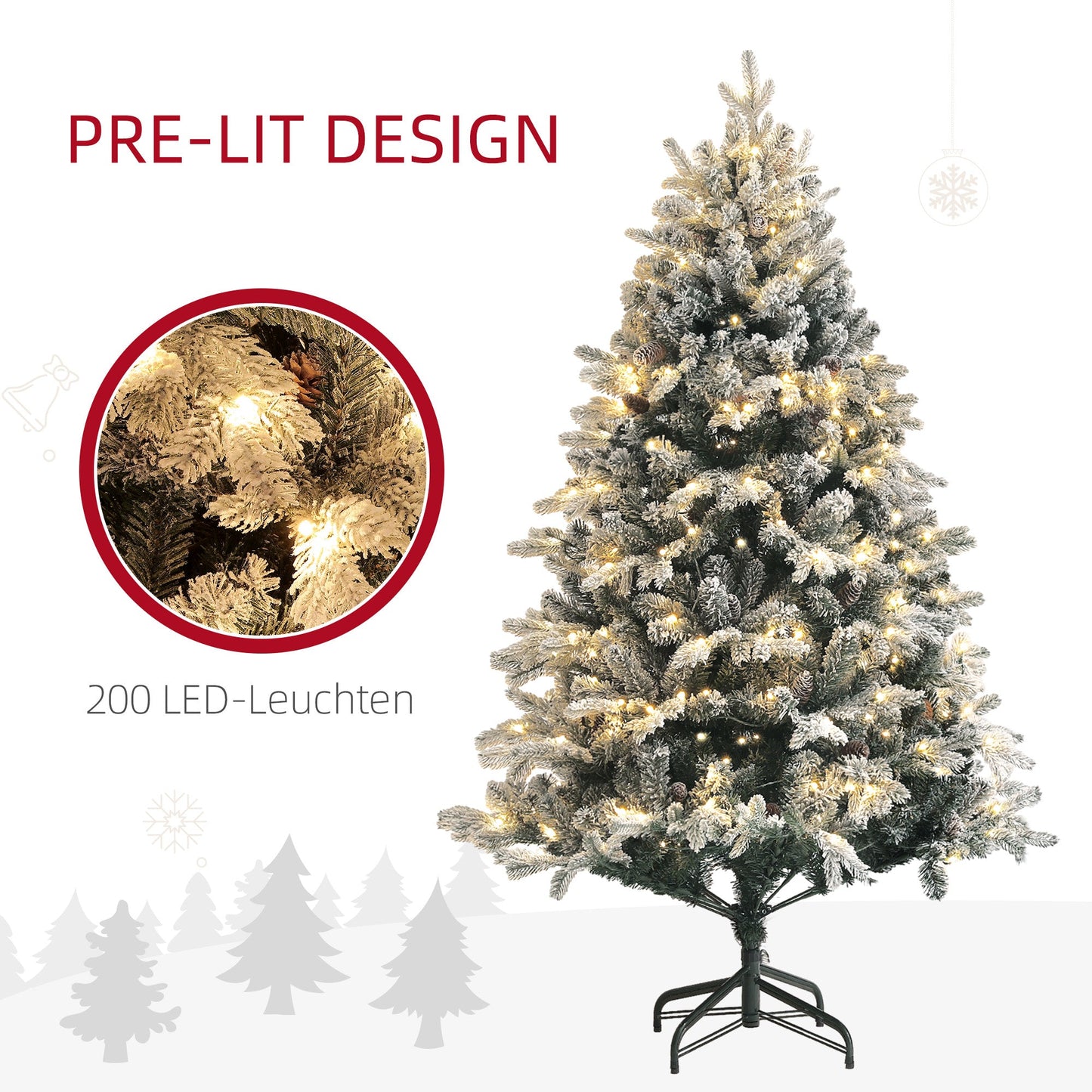 HOMCOM Künstlicher Weihnachtsbaum, 180 cm, LED-Lichter, schneebedeckt, flammenhemmend, Metall