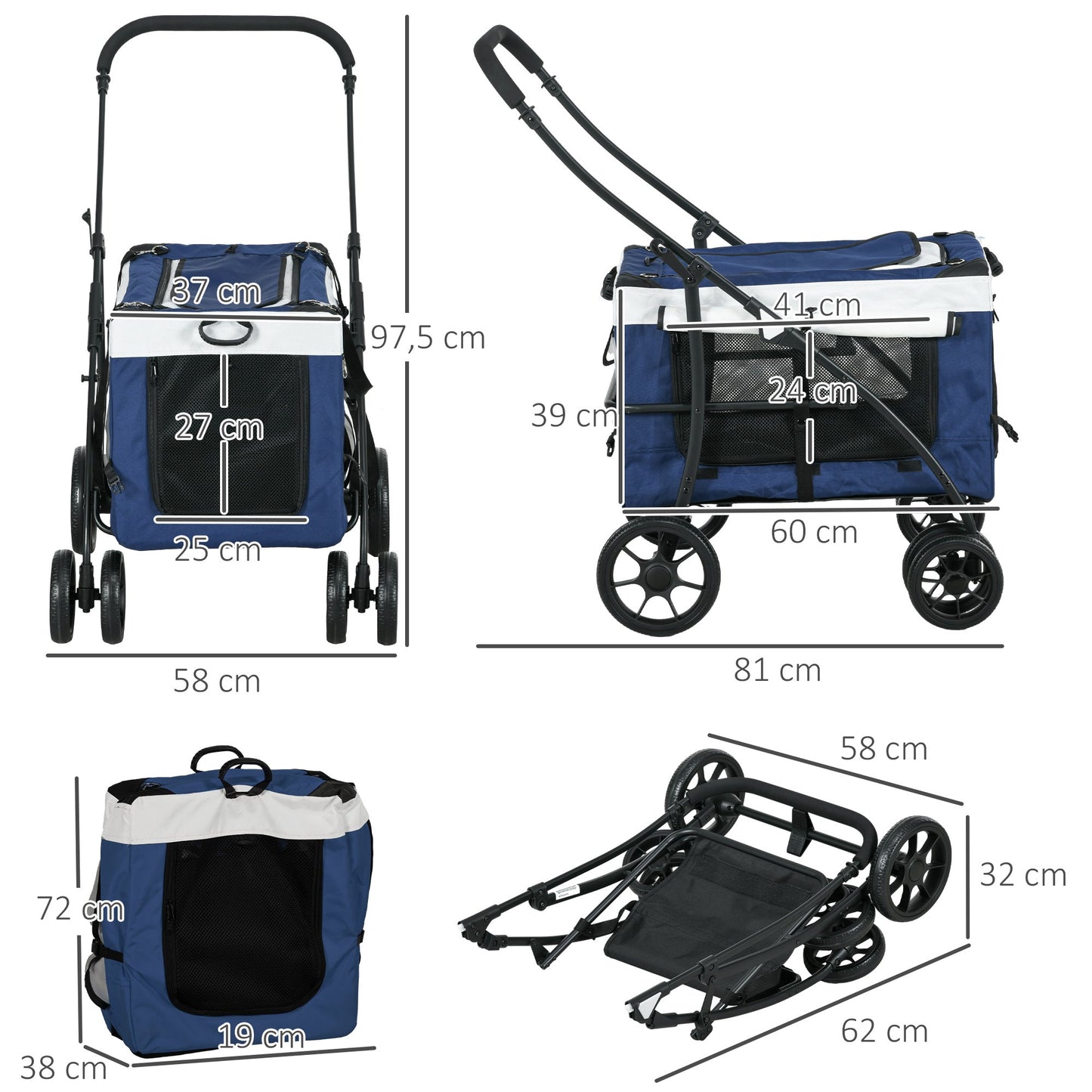 PawHut Hundbuggy Haustierbuggy Haustiertransporter bis 10kg klappbar verstellbare Trageriemen abnehmbarer Korb 81 x 58 x 97,5 cm Schwarz + Blau + Weiß