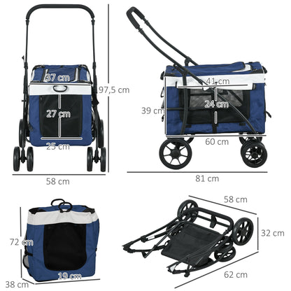 PawHut Hundbuggy Haustierbuggy Haustiertransporter bis 10kg klappbar verstellbare Trageriemen abnehmbarer Korb 81 x 58 x 97,5 cm Schwarz + Blau + Weiß
