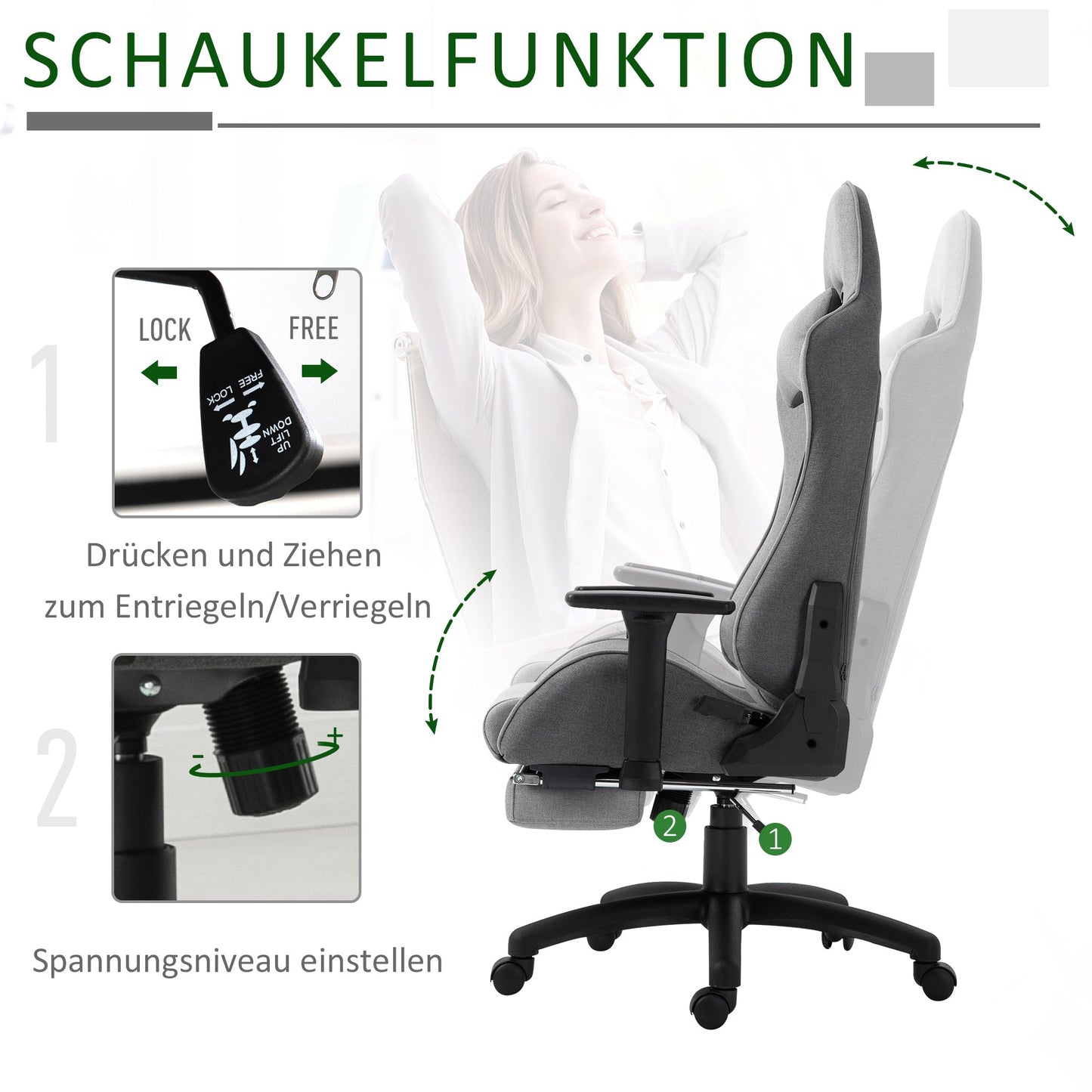 Vinsetto Bürostuhl Computerstuhl Drehstuhl mit abnehmbarem Kopf- und Lendenkissen Wippenfunktion ergonomischer Schreibtischstuhl drehbar höhenverstellbar mit Fußstütze PP Grau 73x57x127-135 cm