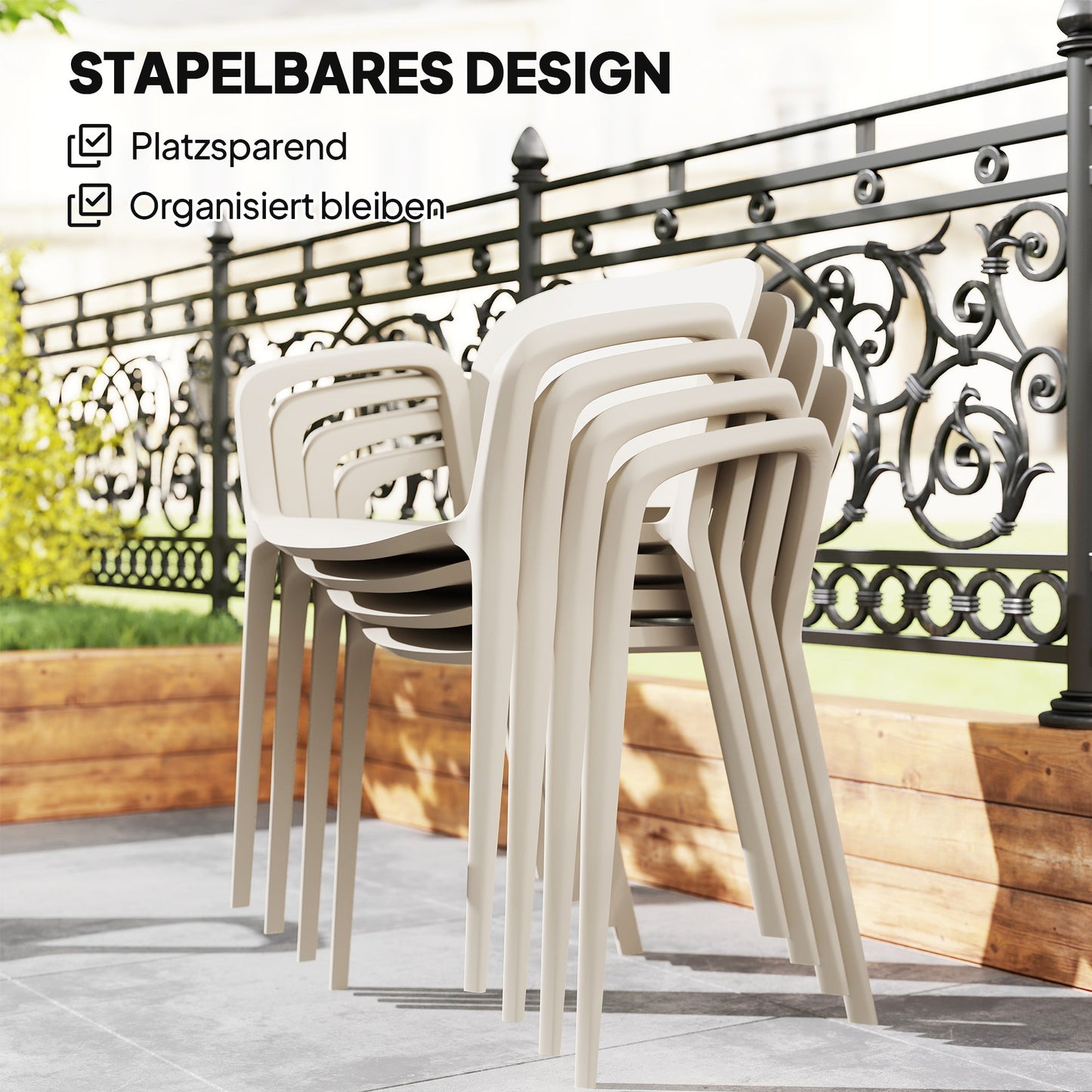 Outsunny Gartenstuhl 4er Set wetterfest Gartenstühle aus Kunststoff Stapelstuhl mit Armlehne Rückenlehne bis 120 kg belastbar