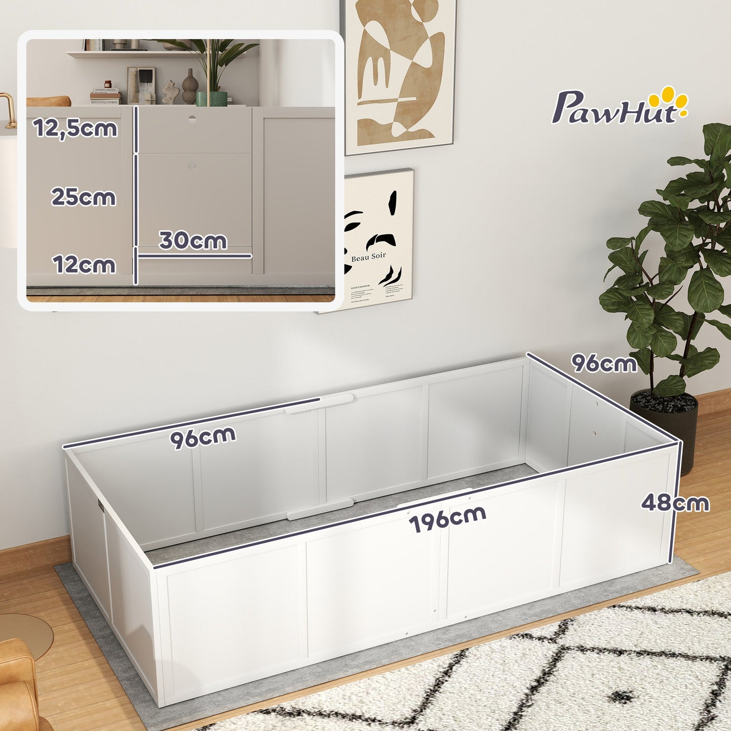 PawHut Hunde-Wurfbox für Hunde und Welpen, mit verstellbaren Eingängen, für große und kleine Hunde, 196 x 96 x 48 cm, Weiß