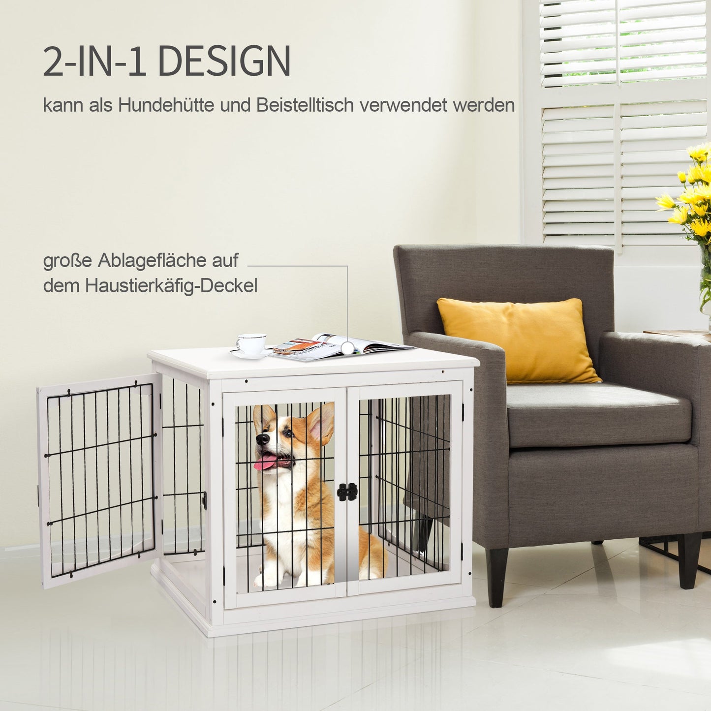 PawHut Transportbox für Hunde 58,5 cm x 81 cm x 66 cm Türen, MDF-Holz Eisen, 58, 5 cm x 81 cm x 66 cm, Weiß