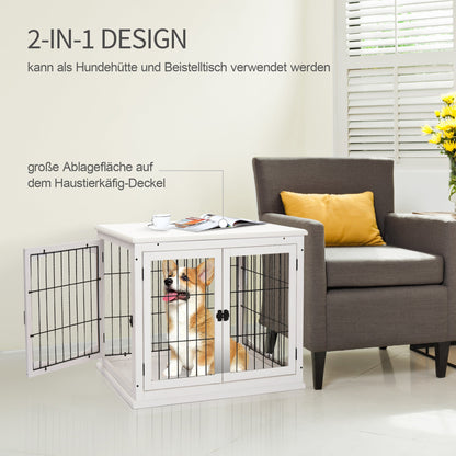 PawHut Transportbox für Hunde 58,5 cm x 81 cm x 66 cm Türen, MDF-Holz Eisen, 58, 5 cm x 81 cm x 66 cm, Weiß