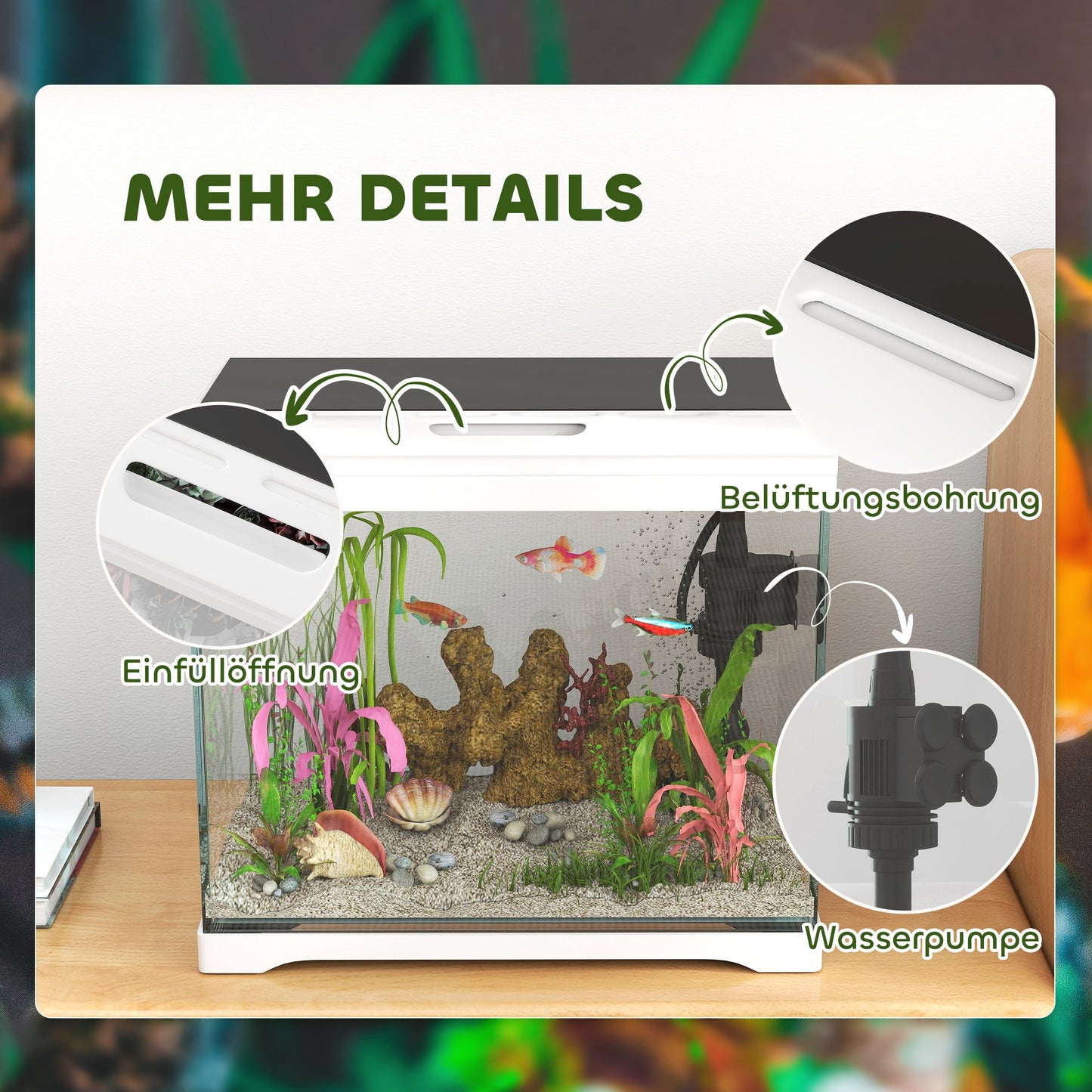 PawHut Aquarium, 17 L Tropenfischaquarium, leichte Pflege, klare Sicht, mit LED-Leuchten, 35L x 21B x 31H cm, Weiß+Schwarz