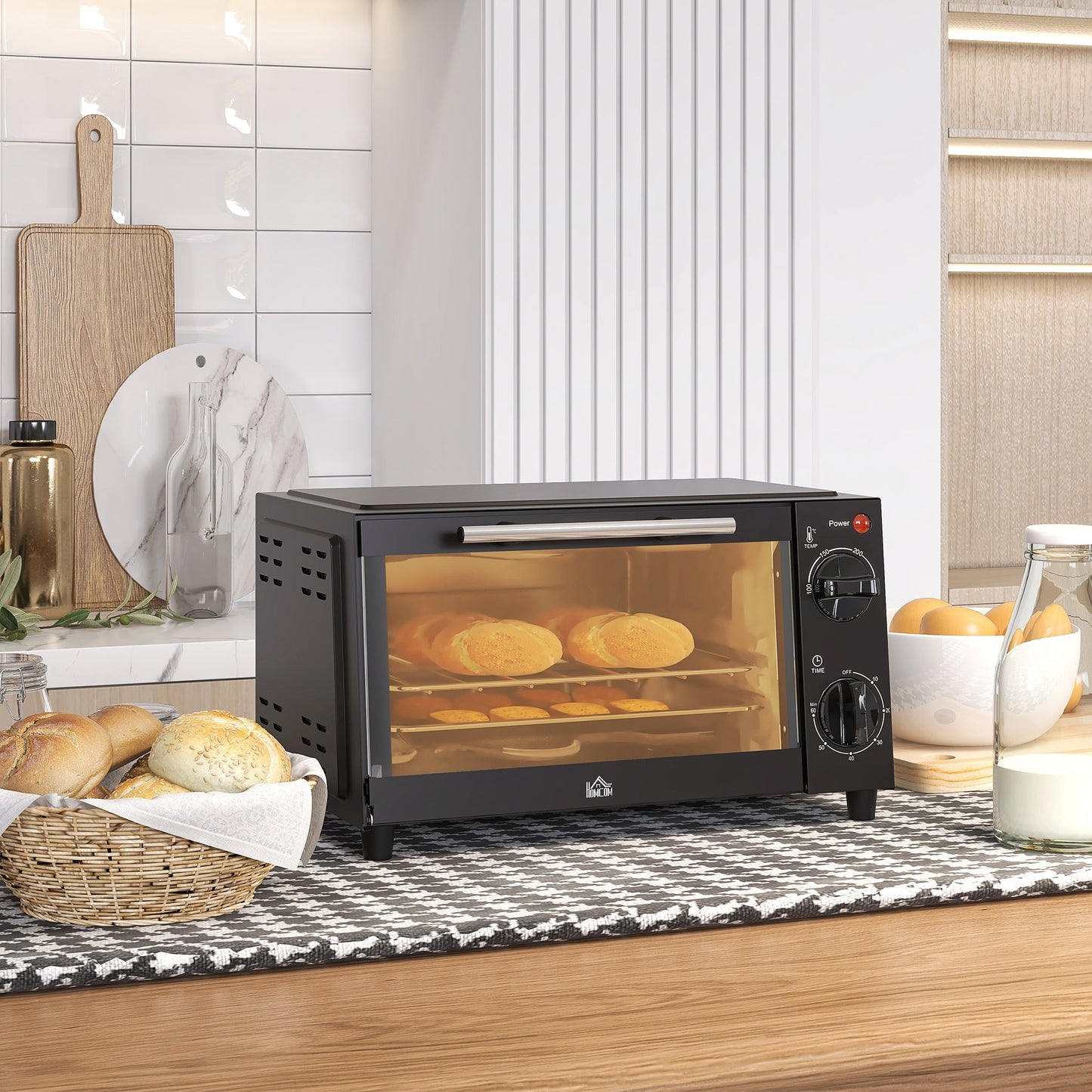 HOMCOM Mini-Backofen, 9 Liter Fassungsvermögen, Einstellbare Temperatur und Garzeit, mit Grillrost und Backblech, Schwarz