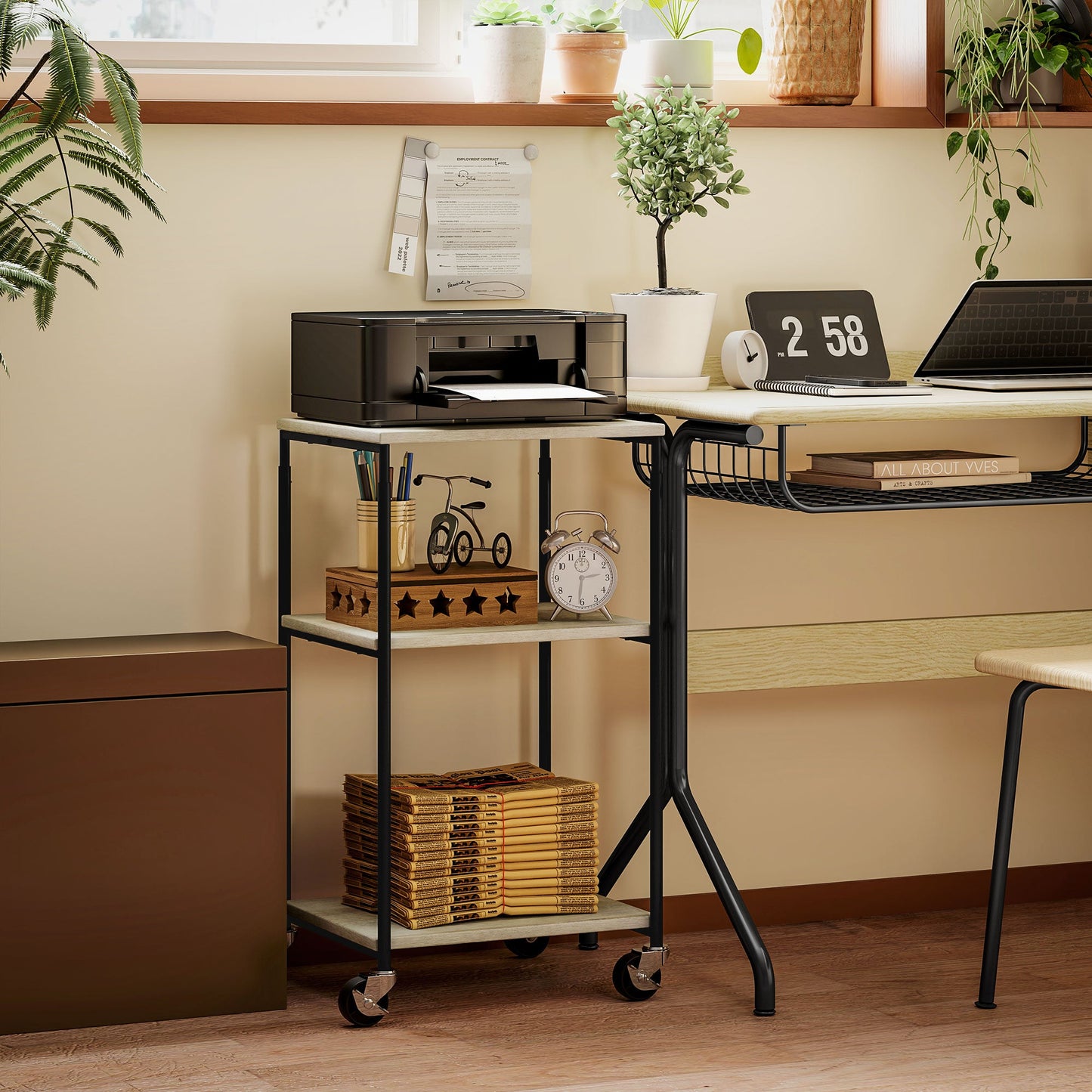 HOMCOM Druckerständer mit 3 Ebenen, höhenverstellbar, Mobiler Druckertisch auf Rollen, für Homeoffice, Metall und Holz