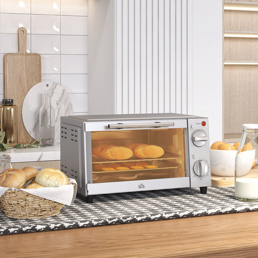 HOMCOM Minibackofen, 9 L Mini-Ofen mit Backblech, Grillrost, mit einstellbarer Temperatur und Garzeit, Edelstahl, Silber