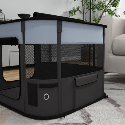 PawHut Spielgehege für Haustiere, faltbar, mit Aufbewahrungstasche, für Welpen und Kätzchen, drinnen und draußen, Grau