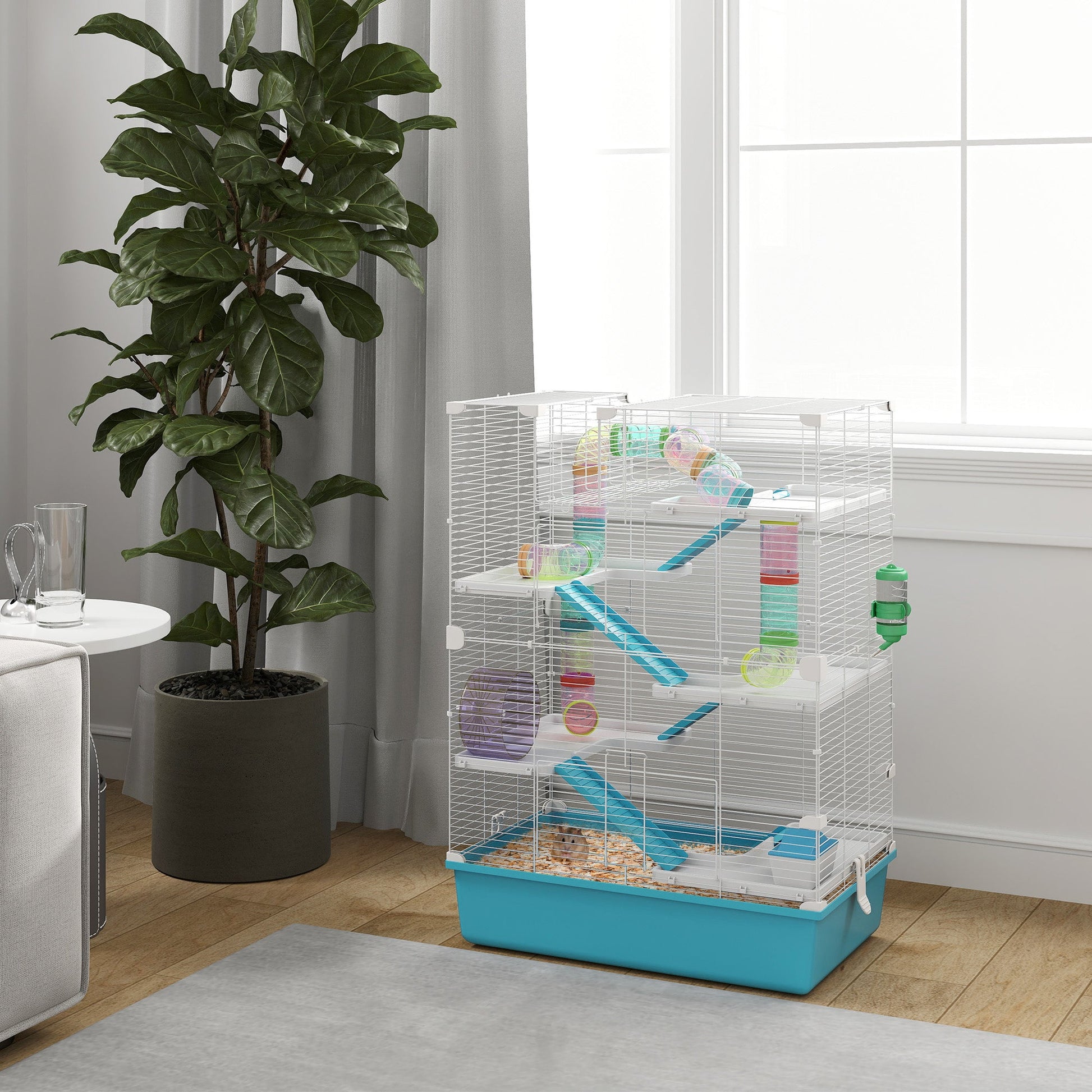 PawHut 6-stöckiger Hamsterkäfig mit Röhren, Tunnels, Hütte, Laufrad, Futterschale, Wasserflasche, Rampen, Hellblau