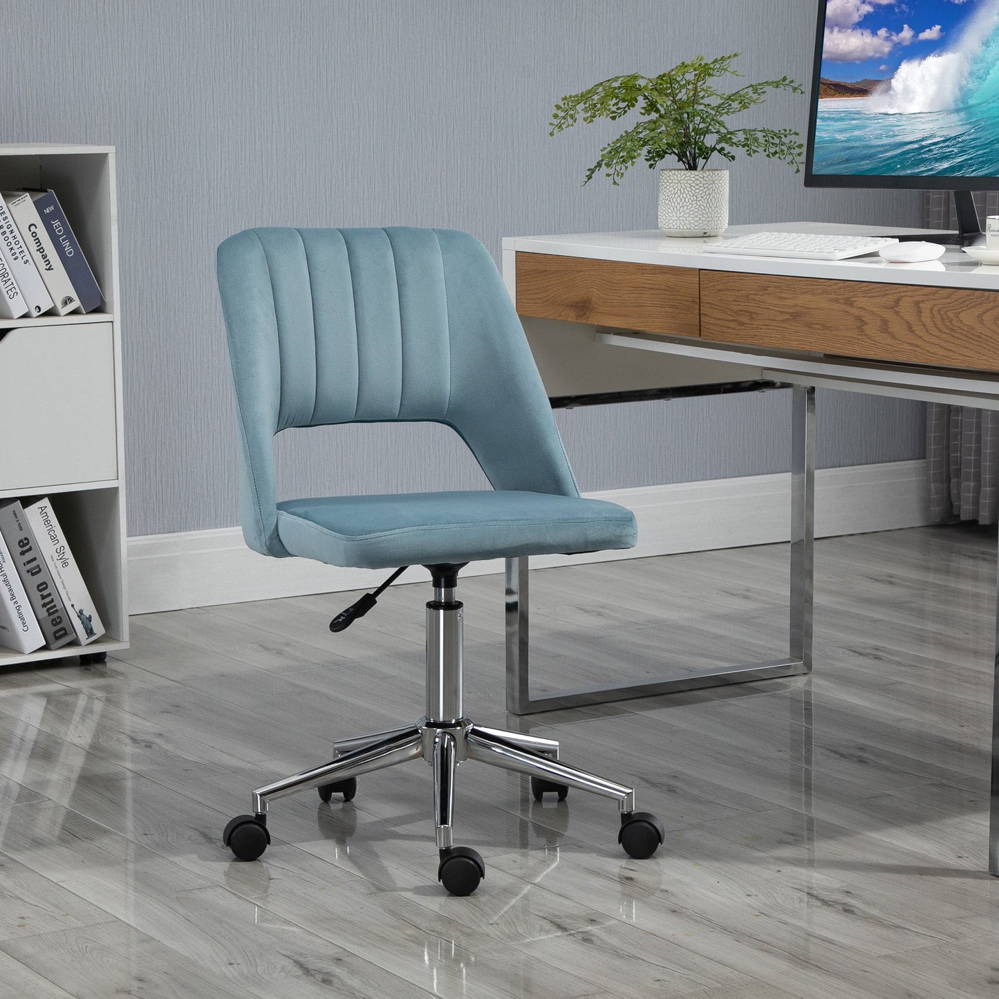 Vinsetto Schreibtischstuhl, Höhenverstellbar Homeoffice Stuhl ohne Armlehne, drehbar Bürostuhl mit Samtoptik, Ergonomisch Schminkstuhl für Schlafzimmer, Arbeitszimmer, Blau
