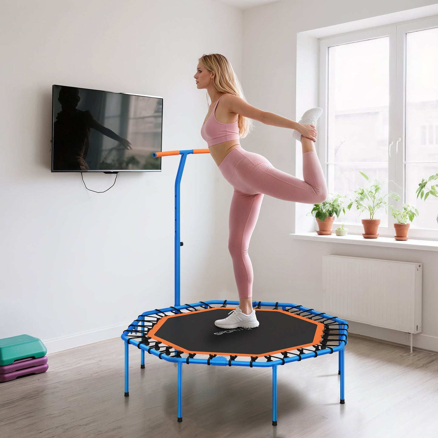SPORTNOW Fitness-Trampolin, Trainingstrampolin mit verstellbarem Haltegriff, stabil und leise, für drinnenf, Stahl, Blau