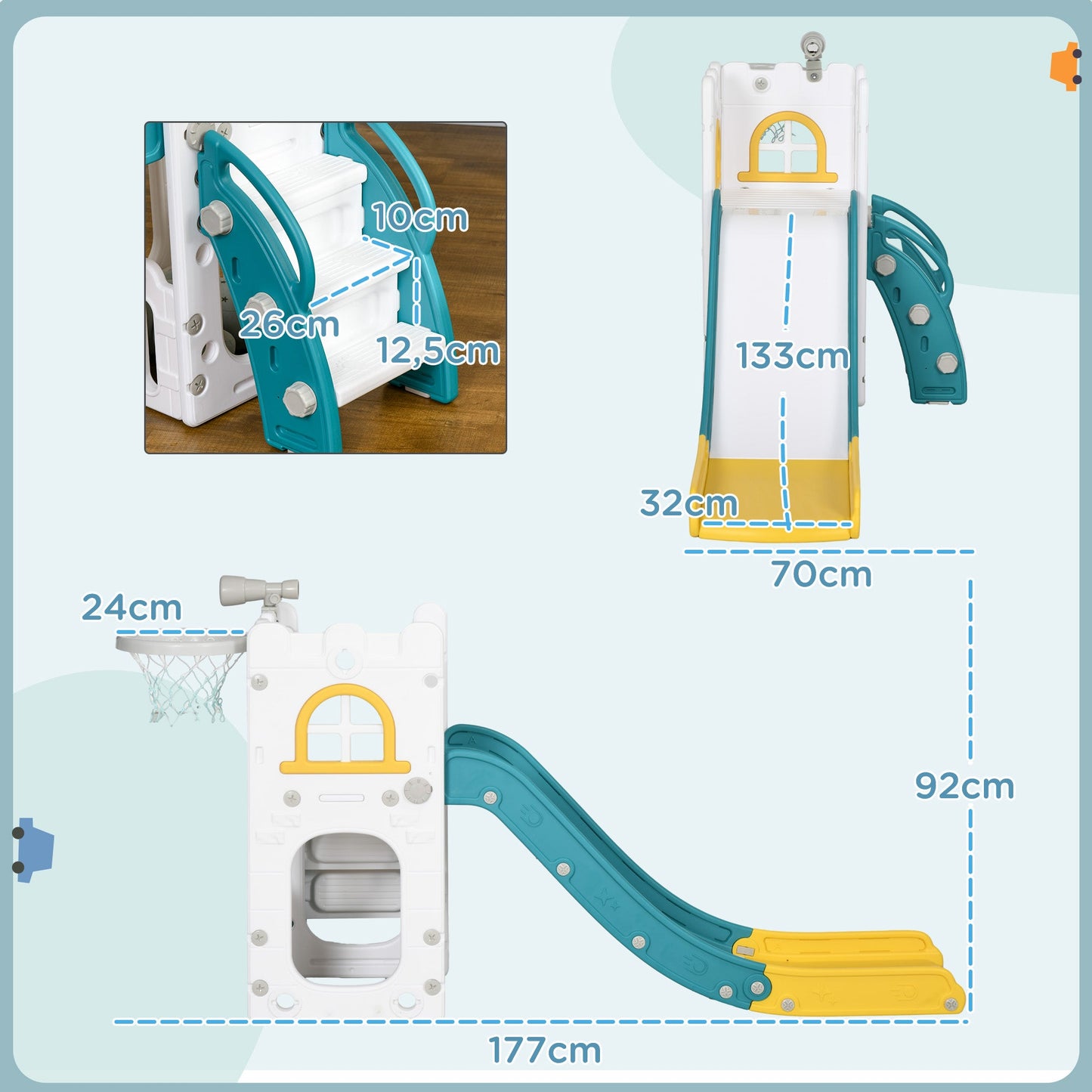 AIYAPLAY Kinderrutsche, 4 in 1, Kleinkinderrutsche mit Basketballkorb, Teleskop Klettergerüst Gelb 70 x 177 x 92 cm