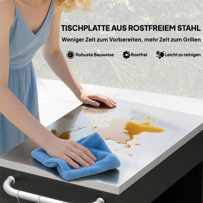 HOMCOM Küchenwagen mit Rollen, Servierwagen, Rollwagen mit Schrank, Haken und Edelstahlgriffe, Küchenhilfe, BBQ Grilltisch aus Edelstahl Küchentrolley, 86 x 50 x 86,5 cm Schwarz