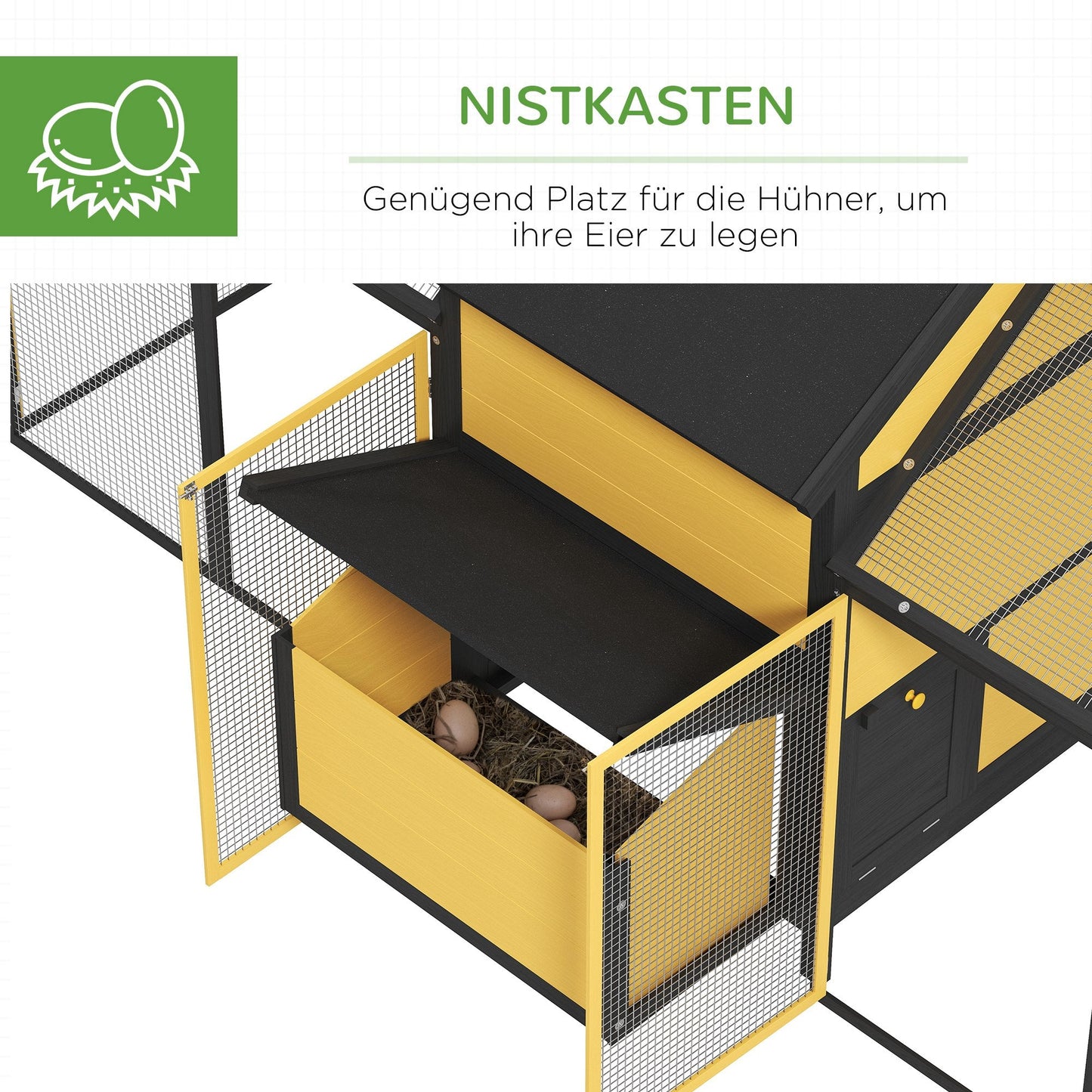 PawHut Hühnerstall Kleintierstall 2 Außengehege, 1 Nistkasten, 2 Rampen,Asphaltdach, wetterbeständig, Gelb