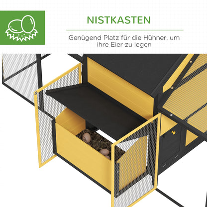 PawHut Hühnerstall Kleintierstall 2 Außengehege, 1 Nistkasten, 2 Rampen,Asphaltdach, wetterbeständig, Gelb