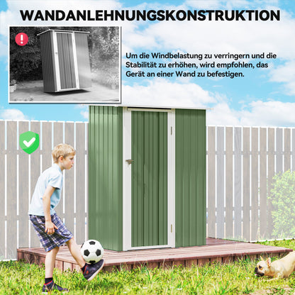 Outsunny Metall Gerätehaus 1,07 m² mit Schrägdach, 142 x 84 x 189 cm Geräteschuppen mit abschließbar Tür, Garten Schuppen, Gartenhaus Grün