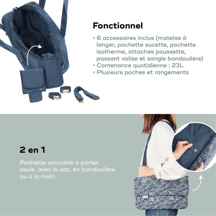 Babymoov Day to Day Diaper Bag - Trendy and Functional, 23L Capacity, Numerous Pockets, 6 Accessories Included, Palm