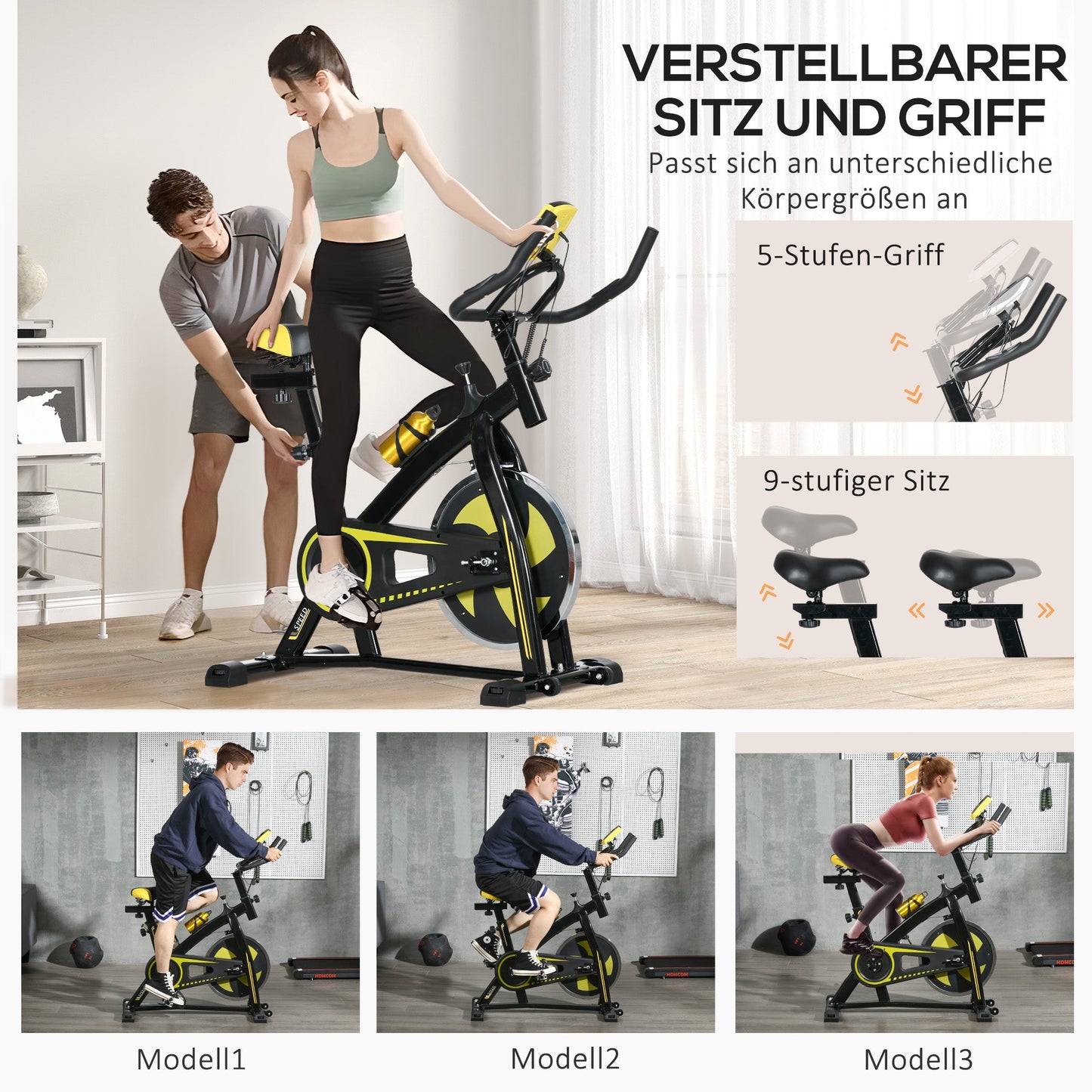 SPORTNOW Heimtrainer, leise, anpassbarer Widerstand, Pulssensor, Monitor, Gelb
