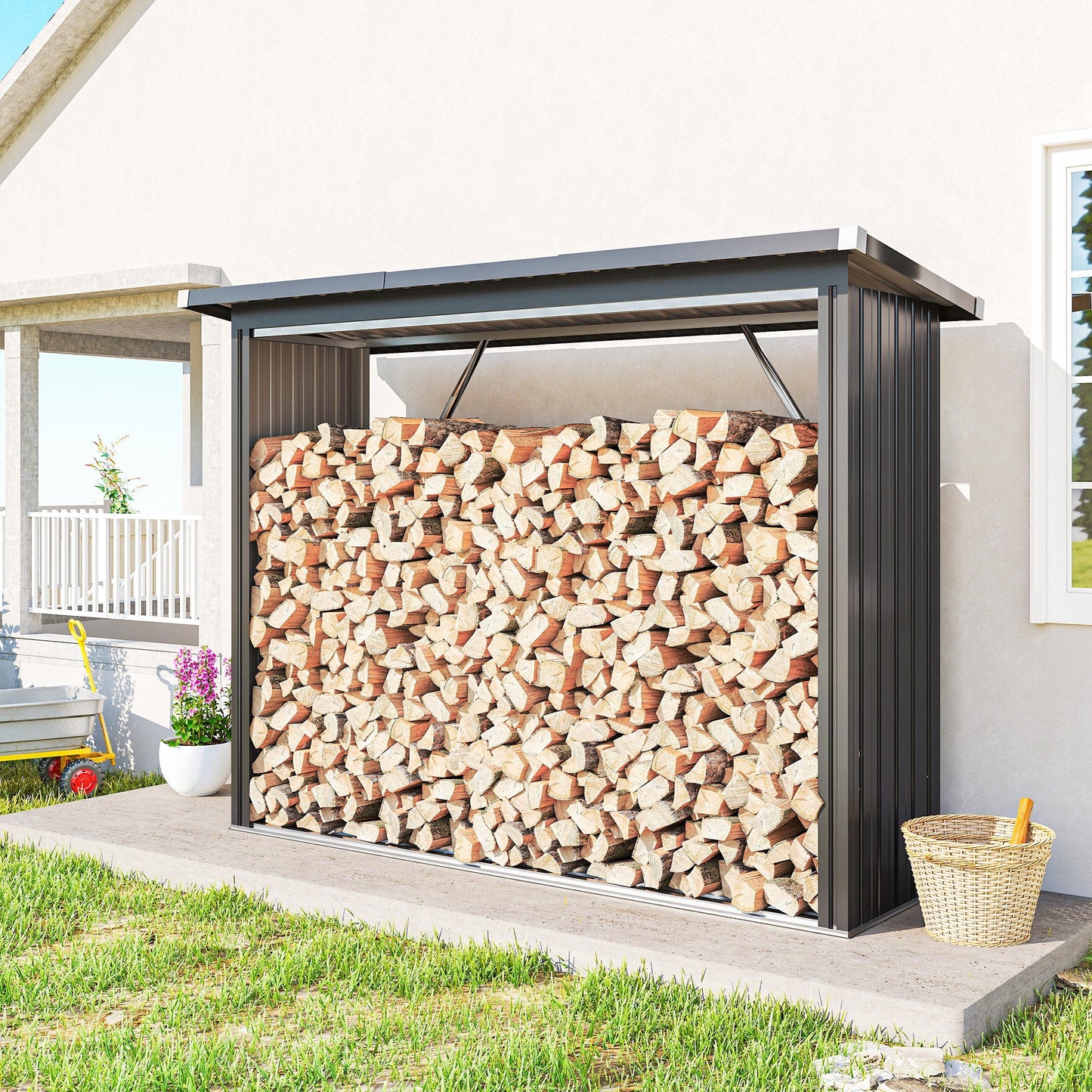 Outsunny Brennholzschuppen, Feuerholzunterstand, Stahl, erhöhter Boden, Schrägdach, 213 x 66,5 x 150 cm, Dunkelgrau