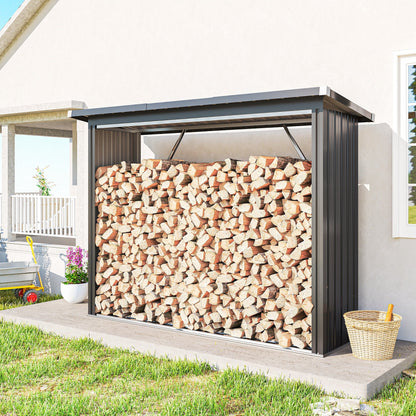 Outsunny Brennholzschuppen, Feuerholzunterstand, Stahl, erhöhter Boden, Schrägdach, 213 x 66,5 x 150 cm, Dunkelgrau