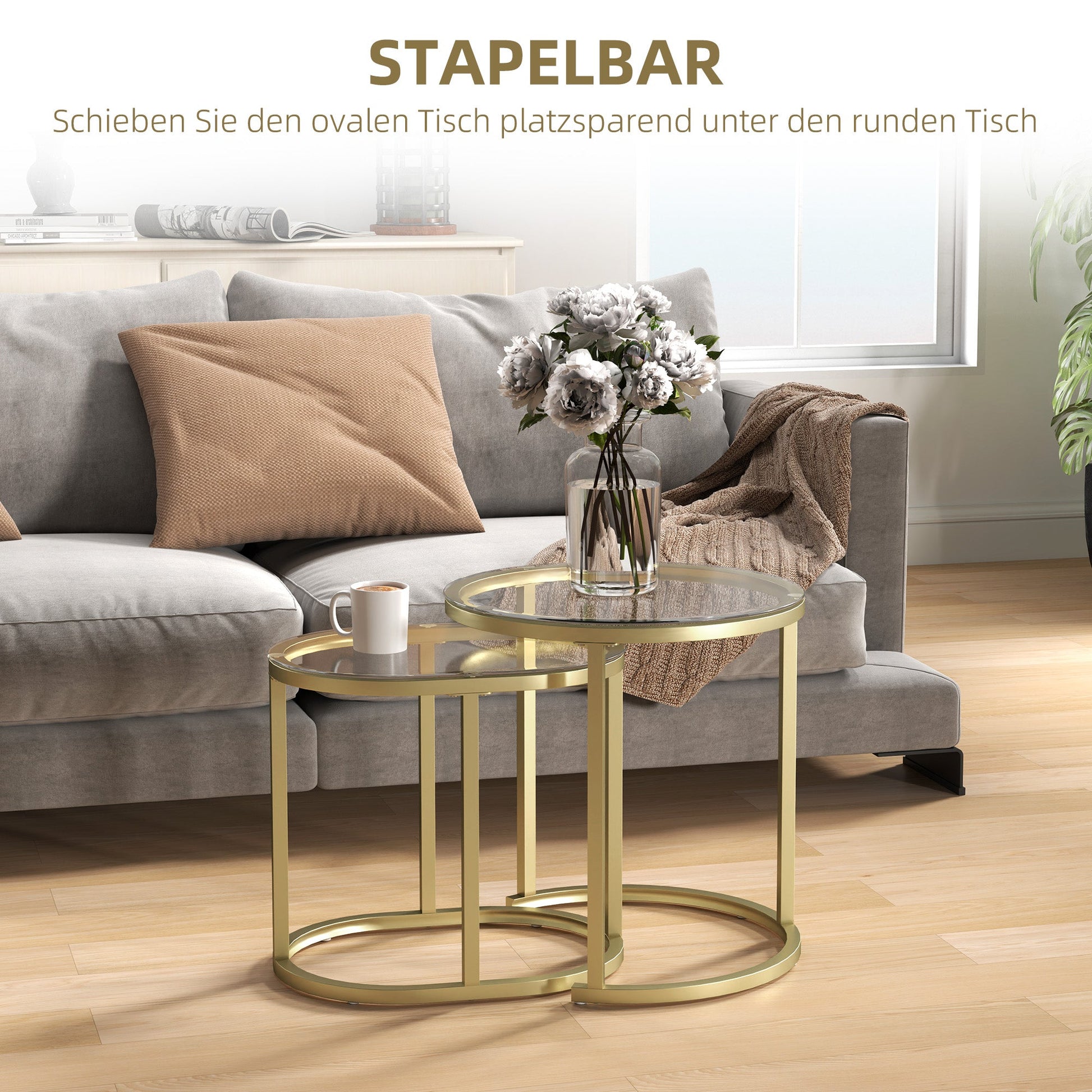 HOMCOM 2er-Set Couchtisch, Ovaler und runder Kaffeetisch, stapelbar, Stahl, Ø50 x 50,5H cm, Gold