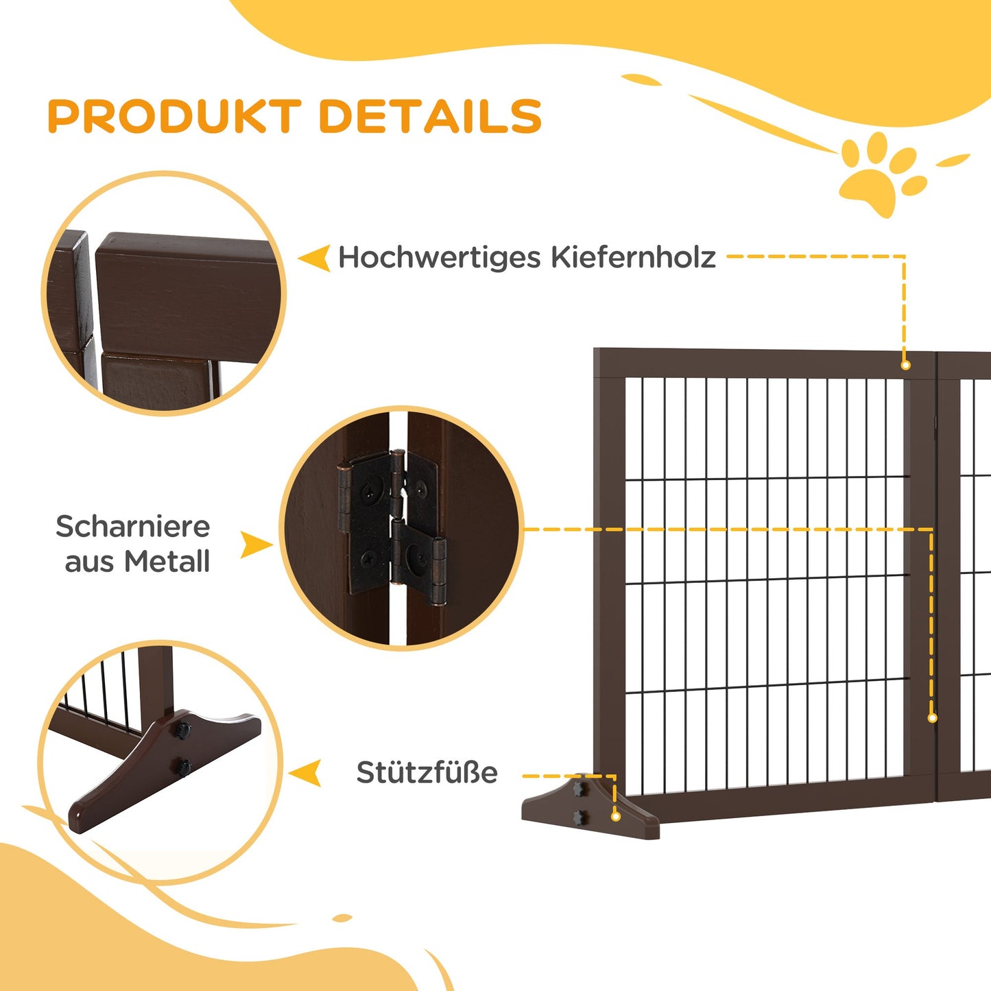 PawHut Absperrgitter Hund Freistehendes Schutzgitter mit Füßen 185 x 71 cm Holz Hundegitter Treppenschutzgitter Treppengitter Hundeabsperrgitter für Treppen, Türen, Küche, Flur, 3 Paneelen, Braun