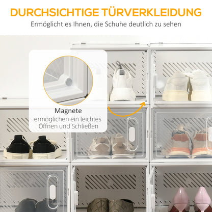HOMCOM 18-teiliges Schuhregal, stapelbare Schuhboxen für Schuhe bis Größe 45, magnetische Türen, Kunststoff, 28 x 36 x 21 cm