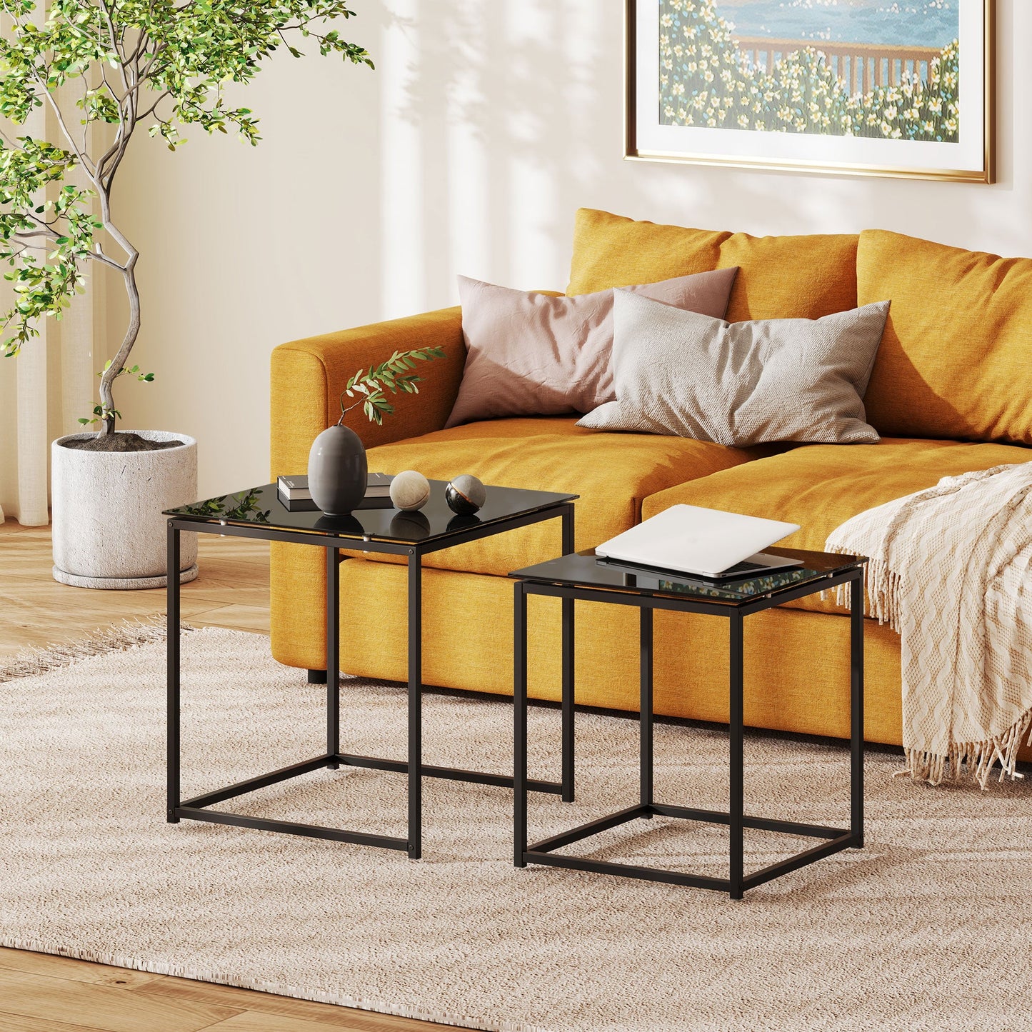 HOMCOM 2er-Set Beistelltische, modernes Design, stapelbar, Glastisch, Schwarz