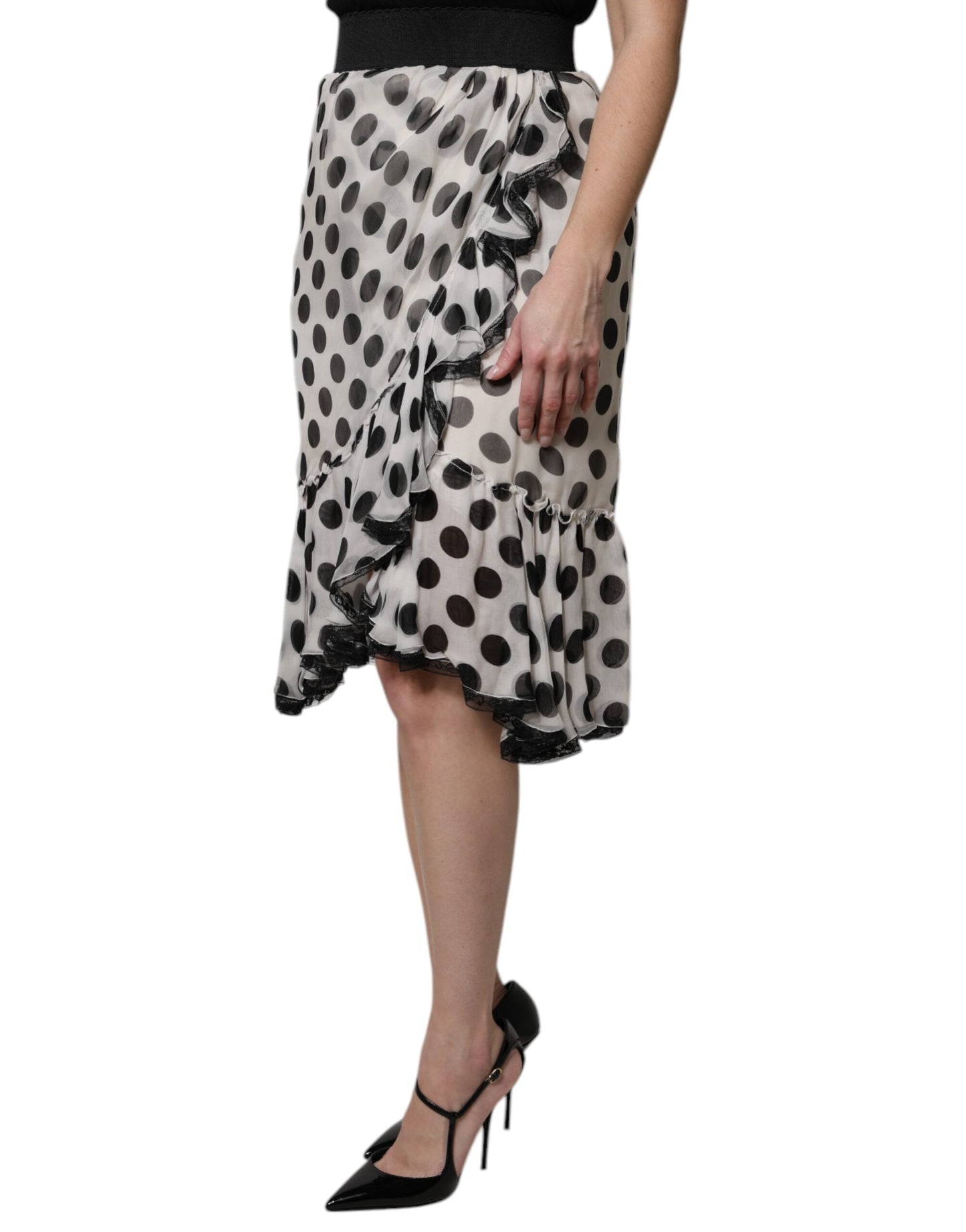 White Black Polka Dots Knee Length Skirt
