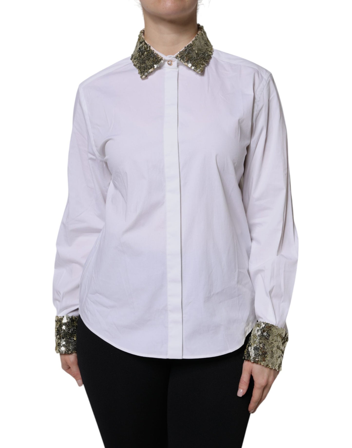 White Cotton Long Sleeves Sequin Shirt Top