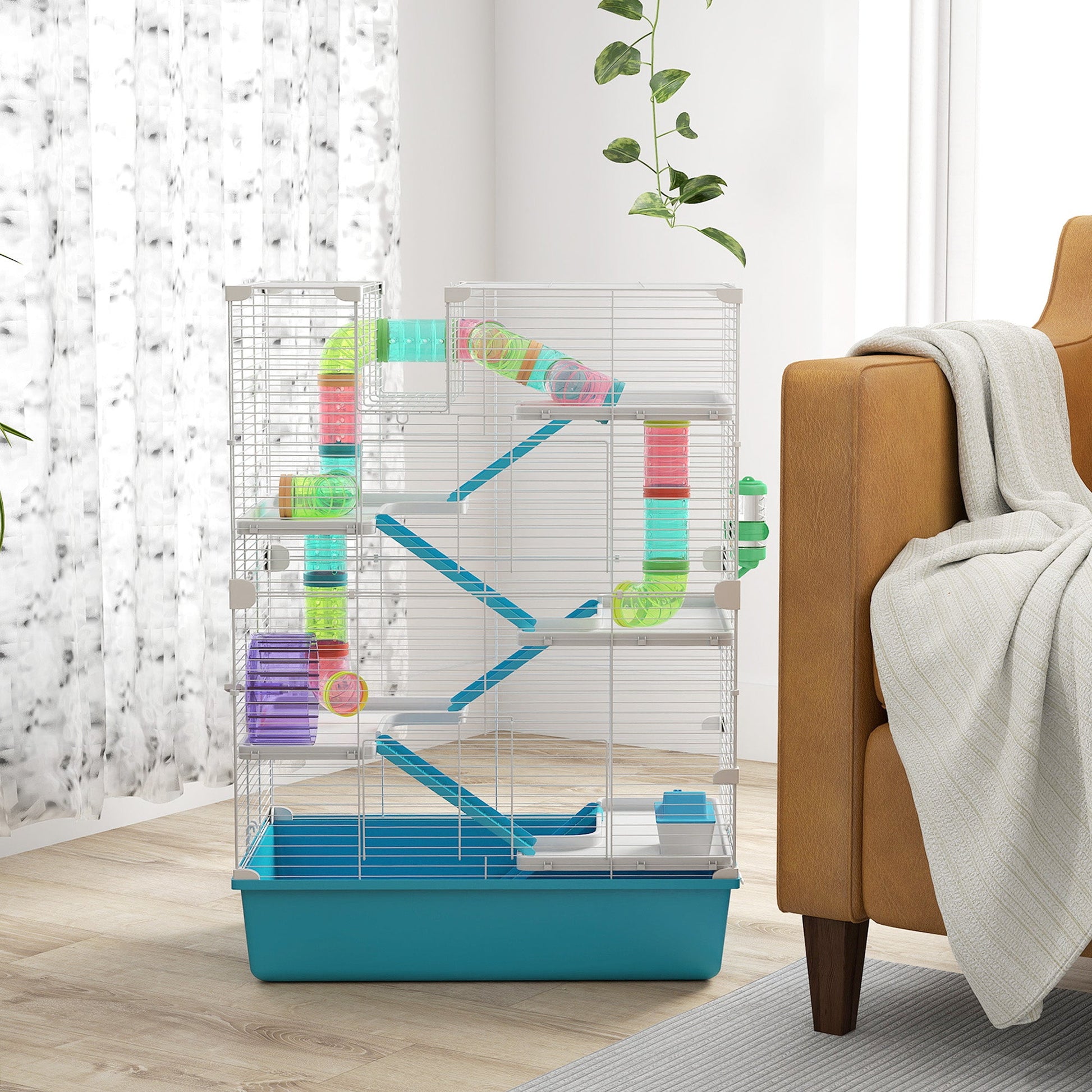 PawHut 6-stöckiger Hamsterkäfig mit Röhren, Tunnels, Hütte, Laufrad, Futterschale, Wasserflasche, Rampen, Hellblau