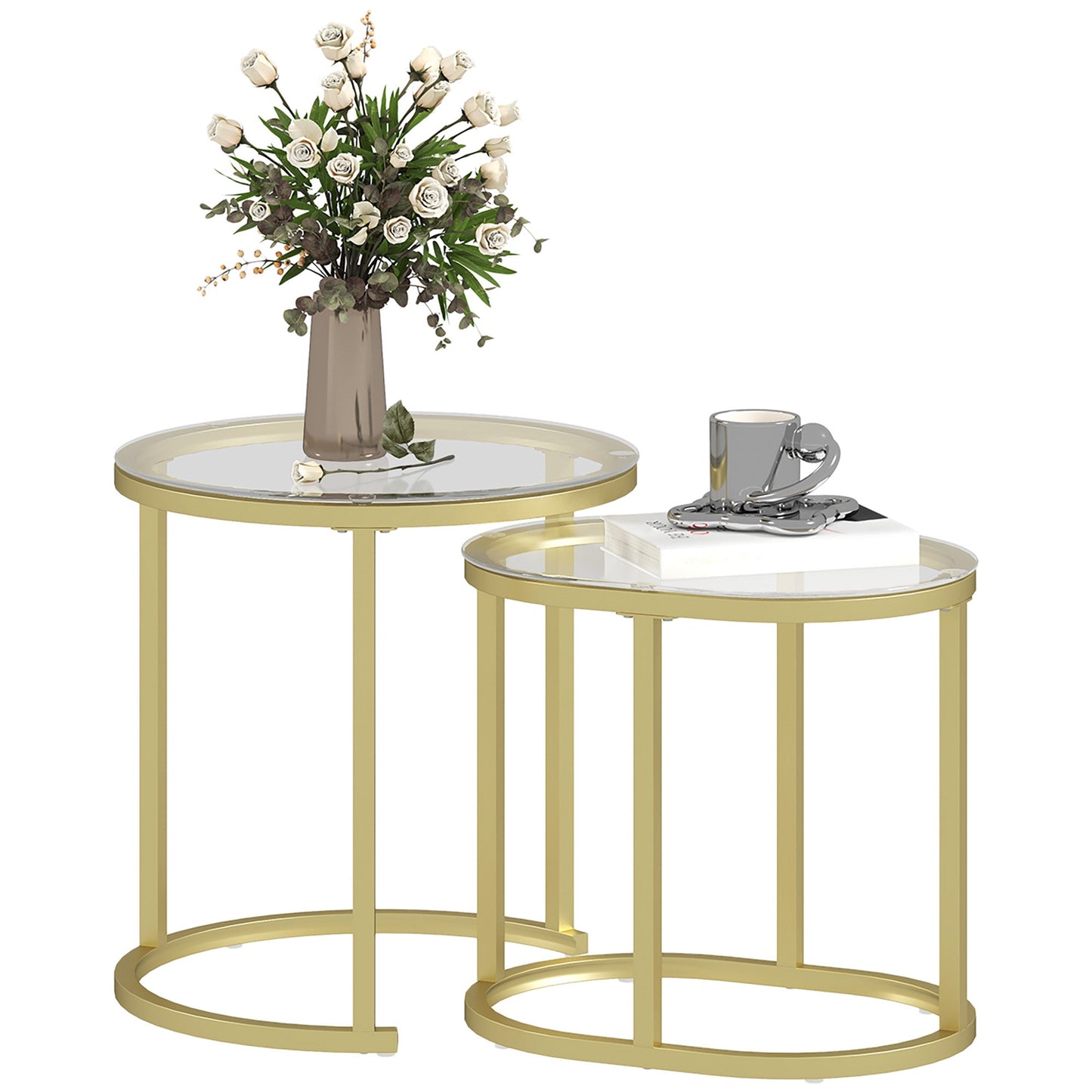 HOMCOM 2er-Set Couchtisch, Ovaler und runder Kaffeetisch, stapelbar, Stahl, Ø50 x 50,5H cm, Gold