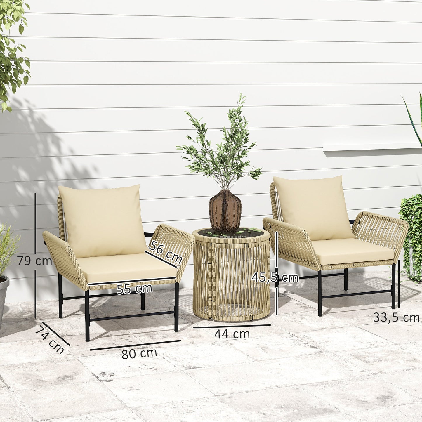 Outsunny Polyrattan Gartenmöbel Set, Outdoor Balkonmöbel für 2 Personen, 3-teilig mit 2 Stühle, Beistelltisch Sitzkissen