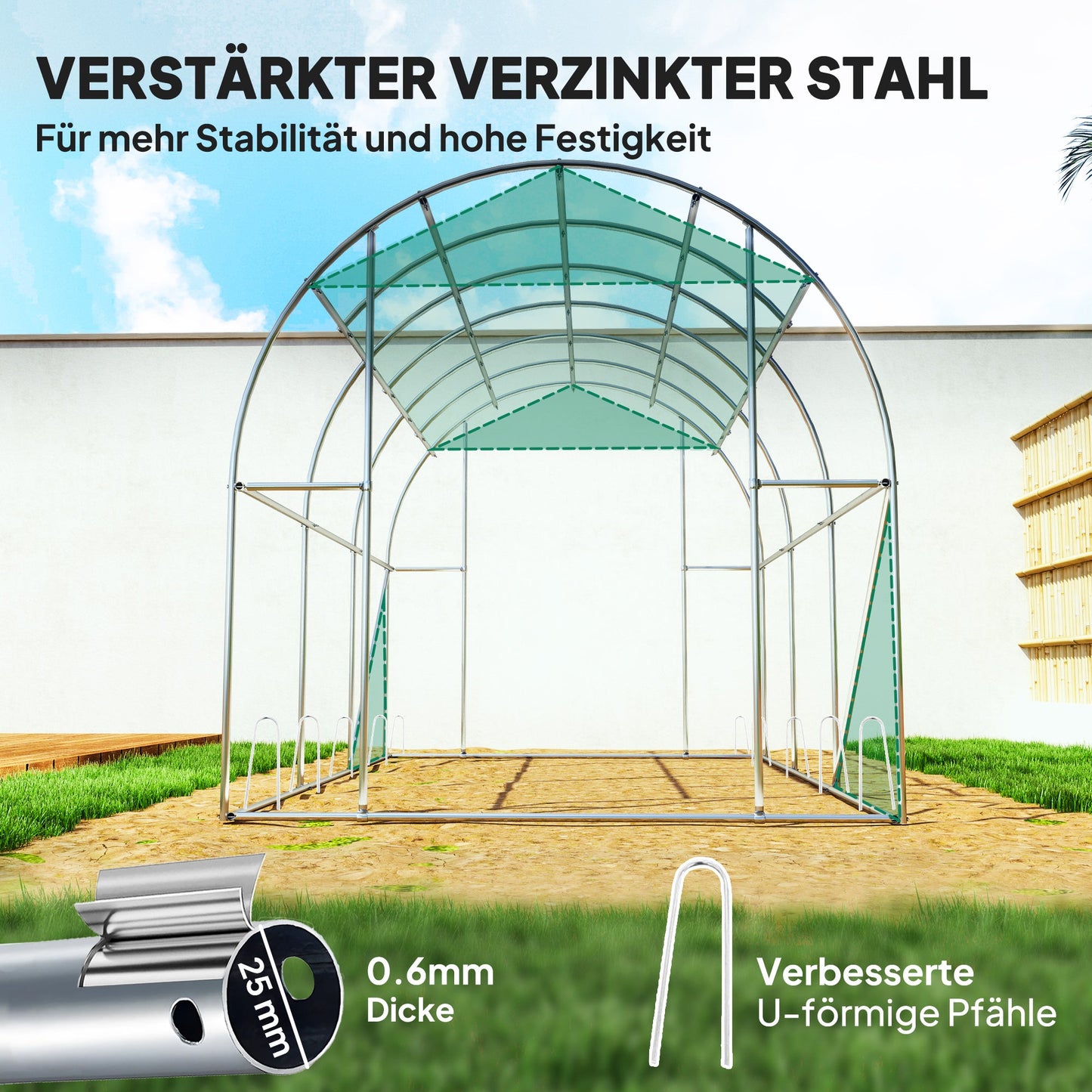 Outsunny Polytunnel Gewächshaus mit Kunststoff-Abdeckung und Stahlrahmen, begehbares Gewächshauszelt mit Rolltüren, Grün